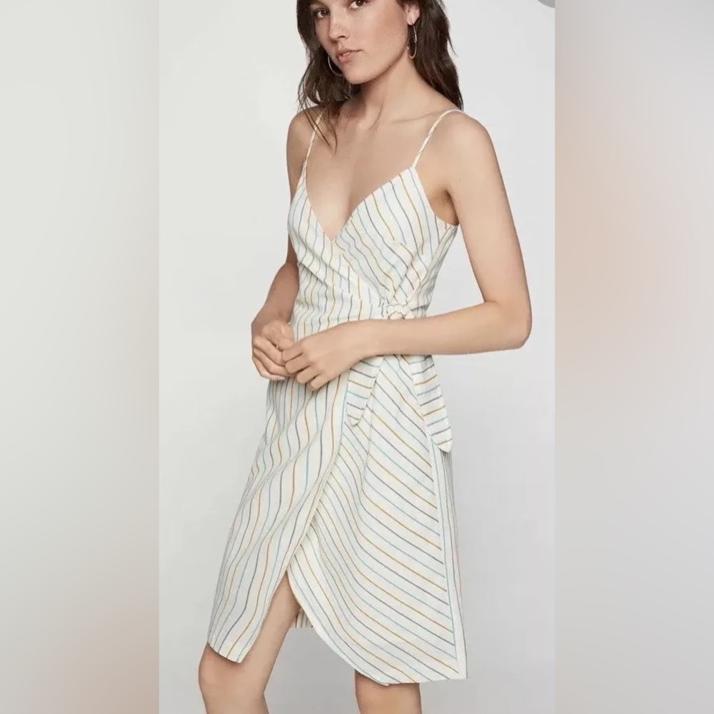 BCBGeneration Cotton Multi Stripe Wrap Dress Spaghetti Strap Ivory XXS